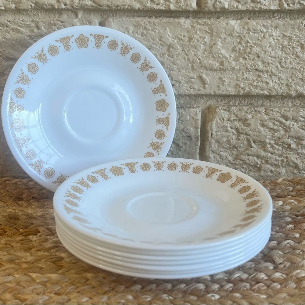 Vintage Corelle Corning Ware Butterfly Gold Flower Teacup Saucer set of 8 MCM